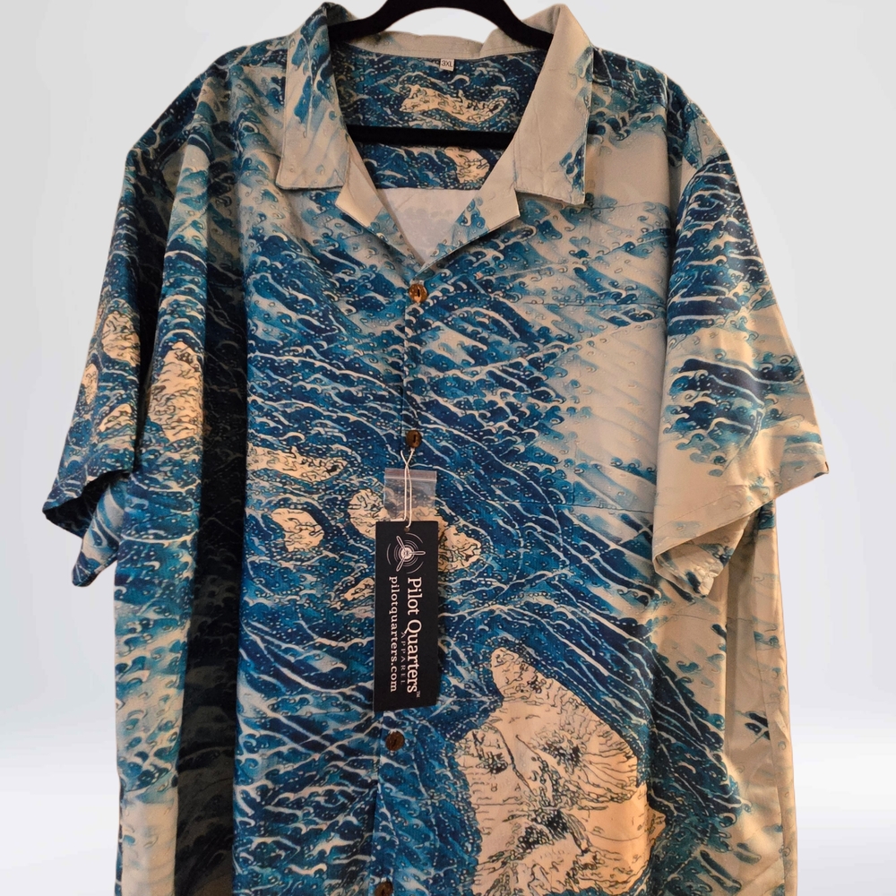 Hawaii Watercolor Waves Coconut Button Men's Camp Shirt Blue 3X NWT